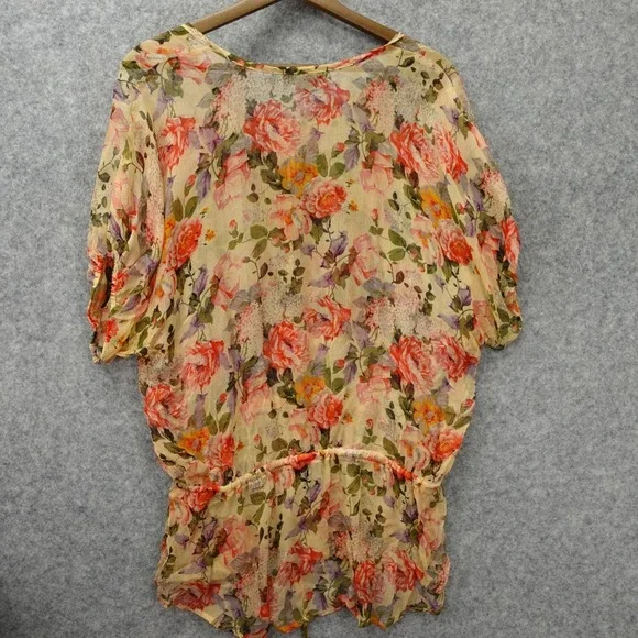 Karen Kane Silk Top Womens L Cream Rose Floral Peplum Blouse Sheer Boho USA Made - Picture 2 of 11